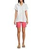 NYDJ Ella Crepe Valley Print Slim Fit Mid Rise Slit Hem Stretch Denim Shorts, Color:Spice Coral - Image 3