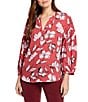 NYDJ Paulina Floral Printed Woven Split V-Neck 3/4 Sleeve Button Front Peasant Blouse - Image 1