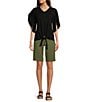 Color:Avocado - Image 3 - Petite Size Stretch Twill Flat Front High Rise Shorts