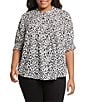 NYDJ Plus Size Printed Pleated 3/4 Smocked Cuff Sleeve Half-Button Front Blouse, Color:Gato - Image 1
