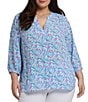 NYDJ Plus Size Woven Serafia Split Round V-Neck 3/4 Sleeve Pintuck Blouse, Color:Serafia - Image 1