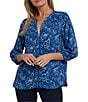 NYDJ Woven Floral Split V-Neck Button Front 3/4 Sleeve Blouse, Color:Fleurs Multi - Image 1