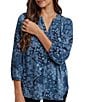 NYDJ Woven Split V-Neck Floral Print Button Front 3/4 Sleeve Blouse, Color:Belleville - Image 3