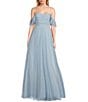 City Vibe Of-The-Shoulder Ruched Bodice Mesh Long Dress, Color:Baby Blue/Sliver - Image 1