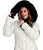 Color:Pearlessence - Image 5 - Bombshell Luxe Iridescent Long Sleeve Zip Front Faux Fur Trim Hooded Jacket
