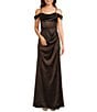 B. Darlin Off-The-Shoulder Corset Wrap Side Slit Long Dress, Color:Chocolate - Image 1