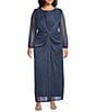Oleg Cassini Plus Size Metallic Sheer Knit Crew Neck Long Sleeve Knot Front Gown, Color:Navy/Silver - Image 1