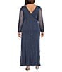 Oleg Cassini Plus Size Metallic Sheer Knit Crew Neck Long Sleeve Knot Front Gown, Color:Navy/Silver - Image 2