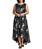 Oleg Cassini Plus Size Printed Metallic Brocade Crew Neck Sleeveless Hi-Low A-Line Gown, Color:Black/Multi - Image 1