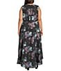 Oleg Cassini Plus Size Printed Metallic Brocade Crew Neck Sleeveless Hi-Low A-Line Gown, Color:Black/Multi - Image 2
