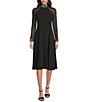 Oleg Cassini Scuba Crepe Beaded Mock Neck Sheer Long Sleeve A-Line Midi Dress, Color:Black - Image 1