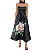 Oleg Cassini Strapless Floral Placement Midi Satin Dress - Image 1