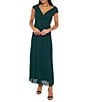 Oleg Cassini V Neck Cap Sleeve Pleated Pebble Chiffon Dress - Image 1