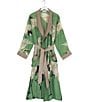 Color:Green - Image 4 - Stork Sky Print Woven Shawl Collar Long Sleeve Tie Waist Wrap Robe