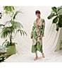 Color:Green - Image 6 - Stork Sky Print Woven Shawl Collar Long Sleeve Tie Waist Wrap Robe