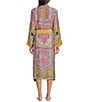 Color:Pink - Image 2 - Woven Boho Print Long Sleeve Wrap Robe