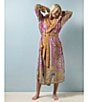 Color:Pink - Image 4 - Woven Boho Print Long Sleeve Wrap Robe