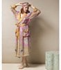 Color:Pink - Image 6 - Woven Boho Print Long Sleeve Wrap Robe