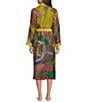 One Hundred Stars Woven Crane Print Long Sleeve Wrap Robe, Color:Olive - Image 2