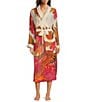 One Hundred Stars Woven Crane Print Long Sleeve Wrap Robe, Color:Ecru - Image 1