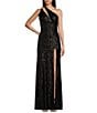 Color:Black - Image 1 - One Shoulder Cutout Lace-Up Back Front Slit Long Sequin Gown