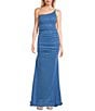 Color:Cornflower - Image 1 - One Shoulder Double Strap Shirred Glitter Long Dress