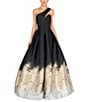 Color:Black/Gold - Image 1 - One Shoulder Low Back Printed Ball Gown