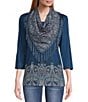 Color:Ocean - Image 1 - by One World Apparel Border Print 3/4 Sleeve Scoop Neck Removable Scarf Top