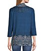 Color:Ocean - Image 2 - by One World Apparel Border Print 3/4 Sleeve Scoop Neck Removable Scarf Top
