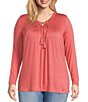 Color:Rose - Image 1 - by One World Apparel Plus Size Farmer's Market Long Sleeve Ruffle Tie Scoop Neck Smocked Top