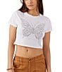Color:White - Image 1 - Y2K Glitter Butterfly Short Sleeve Crop T-Shirt