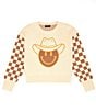 Color:Rice/Ivory/Camel - Image 1 - Big Girls 7-16 Checkered Long-Sleeve Cowboy Smiley-Face Sweater