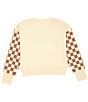Color:Rice/Ivory/Camel - Image 2 - Big Girls 7-16 Checkered Long-Sleeve Cowboy Smiley-Face Sweater