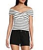 Originality Off-The-Shoulder Striped Twist Front Top, Color:White/Black - Image 1
