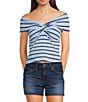 Originality Off-The-Shoulder Striped Twist Front Top, Color:Blue - Image 1