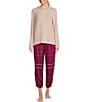 Color:Dark Raspberry/Pink - Image 1 - Feather Soft Crew Neck Long Sleeve Top & Comfy Plaid Pocketed Jogger Pajama Set