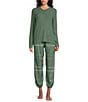 Color:Moss/Ecru - Image 1 - Feather Soft Long Sleeve Top & Comfy Plaid Pocketed Jogger Pajama Set