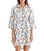 Color:White - Image 1 - Harper Sateen Floral 3/4 Sleeve Notch Collar Button-Front Sleepshirt