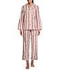 Color:Floral Stripe - Image 1 - Helena Cozy Floral Striped Chest Pocket Notch Collar Long Sleeve Full-Length Pajama Set