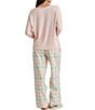 Color:English Rose - Image 2 - Solid Knit Henley Top & Brushed Cotton Plaid Pant Pajama Set