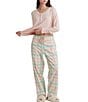 Color:English Rose - Image 4 - Solid Knit Henley Top & Brushed Cotton Plaid Pant Pajama Set
