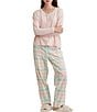 Color:English Rose - Image 5 - Solid Knit Henley Top & Brushed Cotton Plaid Pant Pajama Set