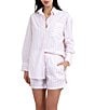Color:Papinelle Pink/White - Image 1 - Striped Long Sleeve Notch Collar & Shorty Woven Pajama Set