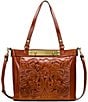 Color:Tan - Image 1 - Arden Floral Embossed Tan Leather Tote Bag