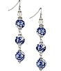 Color:Silver Ox - Image 1 - Blue Silver Ox Triple Bead and Pearl Drop Earrings