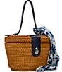 Color:Natural/Oceano - Image 5 - Caselle Rattan Top Handle with Scarf Bucket Bag