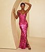 Color:Fuchsia/Holographic - Image 5 - Pattern Sequin Front Slit Strappy Back Long Dress
