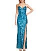 Color:Turquoise/Holographic - Image 1 - Pattern Sequin Front Slit Strappy Back Long Dress