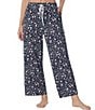 Color:Navy Print - Image 1 - Ditsy Floral Stretch Jersey Knit Elastic Drawstring Tie Waist Pocketed Coordinating Sleep Capri