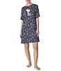 Color:Navy Print - Image 1 - Jersey Knit Short Sleeve Round Neck Snoopy Ditsy Floral Print Nightshirt